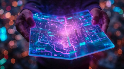 Hands gently holding an extensive digital map that intricately showcases city streets and data points with a neon glow