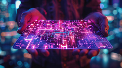 A pair of hands delicately holding a circuit board with neon lights, depicting technological advancement