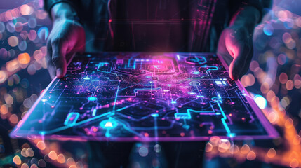 Someone interacts with a circuit-like map illuminated by futuristic lighting, representing digital navigation