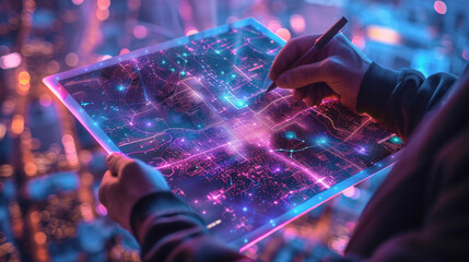 A person is seen using a stylus pen on a glowing digital tablet with intricate circuit patterns