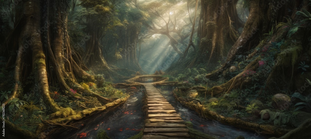 Poster enchanting fantasy forest path generative ai