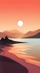 Serene sunset landscape: Digital illustration of tranquil lake and mountains