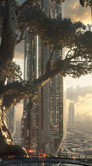 Enormous tree embraces futuristic skyscrapers in a dazzling cityscape