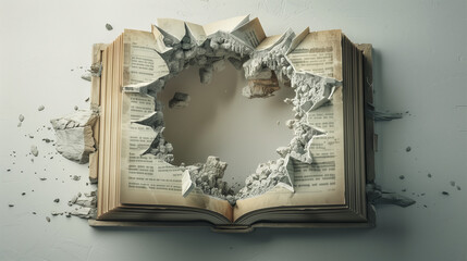 Open book with a mysterious 3D hole and rocky texture