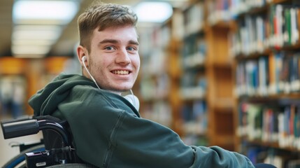 Obraz premium Smiling Student in a Wheelchair