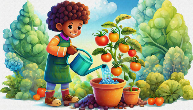 oil painting style CARTOON CHARACTER CUTE baby girl watering the tomatoes plants, isolated on white background