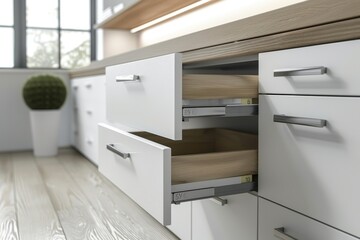 Open drawer in wall mounted filing cabinet business administration concept