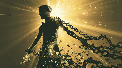 Silhouette of a person breaking free from chains, with rays of light symbolizing hope, breakthrough, and eventual triumph - obrazy, fototapety, plakaty
