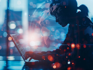 Silhouette of a researcher analyzing global trends on a laptop, with data streams illuminating the path to understanding