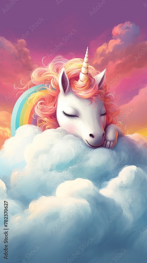 Poster Sleeping Unicorn on Cloud with Rainbow Mane and Tail Generative AI