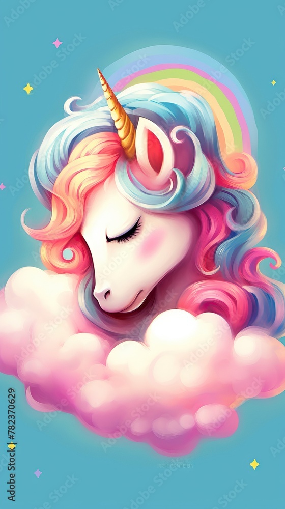 Poster dreaming unicorn on fluffy cloud generative ai