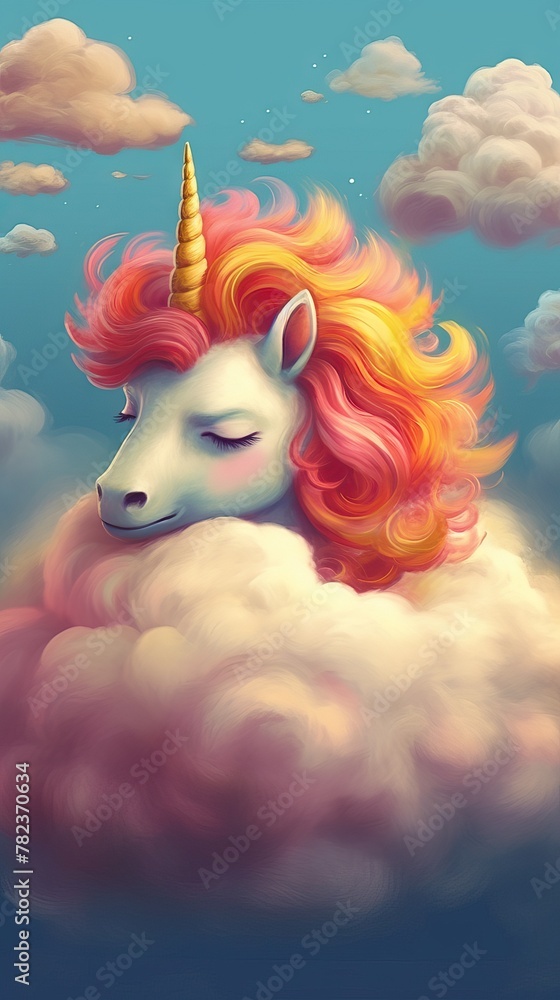 Poster sleeping unicorn with rainbow mane generative ai