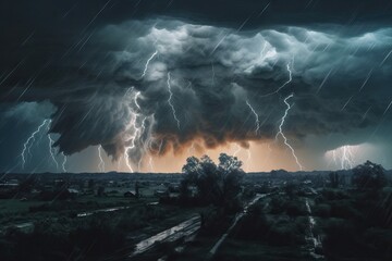 Dramatic Thunderstorm Landscape: Cinematic Natural Disaster Illustration Generative AI