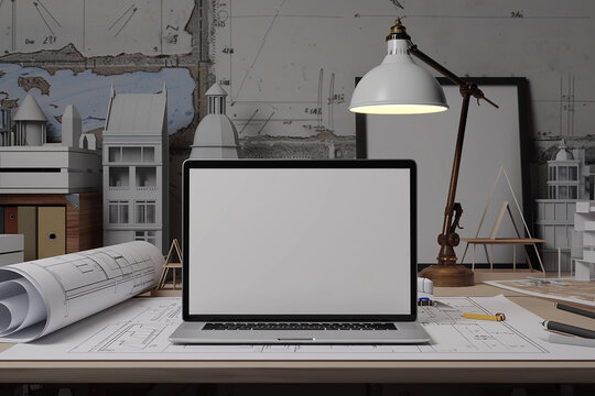 A blank laptop mockup on a sun-drenched desk by a large window overlooking a bustling urban park. 32k, full ultra hd, high resolution