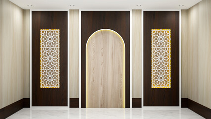 3d illustration photo graphic of the mushalla interior, classic minimalist concept. perfect for mushalla interior design reference. muslim prayer room.