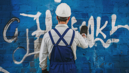 Factory worker looking at graffiti.