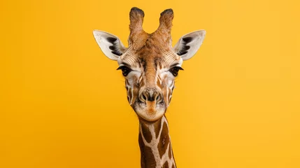 Foto op Aluminium Studio portrait of surprised giraffe, isolated on yellow background © Alexander