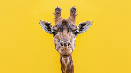 Studio portrait of surprised giraffe, isolated on yellow background