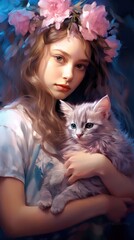 Serene Floral Embrace: Girl Cuddles Kitten Amidst Blooming Flowers Generative AI