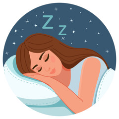 A girl falls asleep at night and has a dream. Vector. Cartoon illustration on the theme of healthy sleep. Used for advertising, articles, print and web design. 