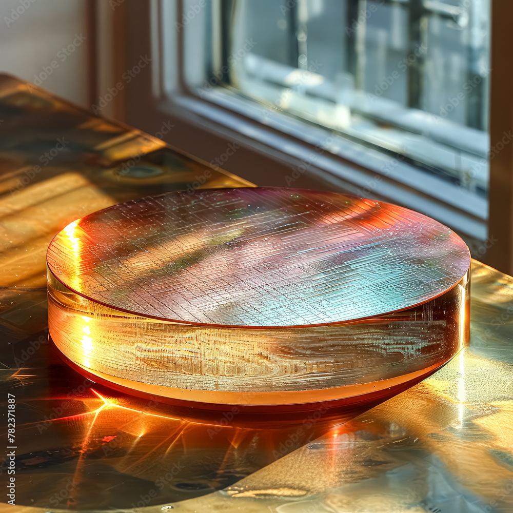 Poster a round object with a wooden base sits on a table. the object is made of glass and has a metallic fi
