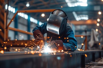 Skilled Welder in Protective Gear Performing Metalwork in Industrial Environment, Representing Manufacturing Proficiency.