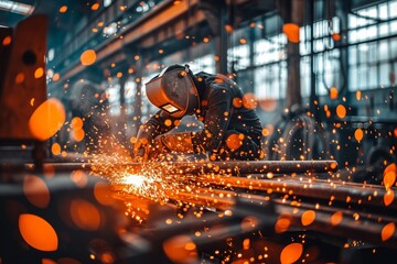 Industrial Worker Using Welding Equipment to Join Metal Pieces, Capturing the Essence of Manufacturing and Craftsmanship.