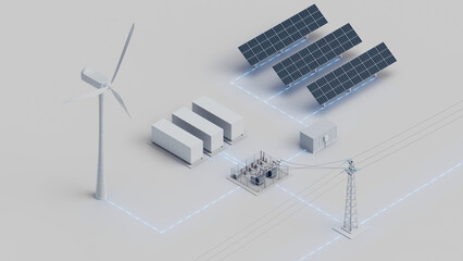 Wind turbine, solar panels and energy storage connected to the power grid. Electricity from wind and solar is sent to the grid, charges and stored in the batteries. Isometric view.