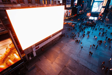 A blank logo mockup on a sleek, digital billboard overlooking a bustling city square. 32k, full...