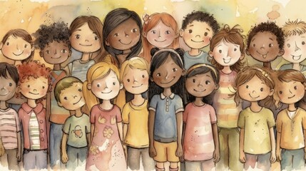 Joyful Diversity - Vibrant Watercolor Children Generative AI - obrazy, fototapety, plakaty