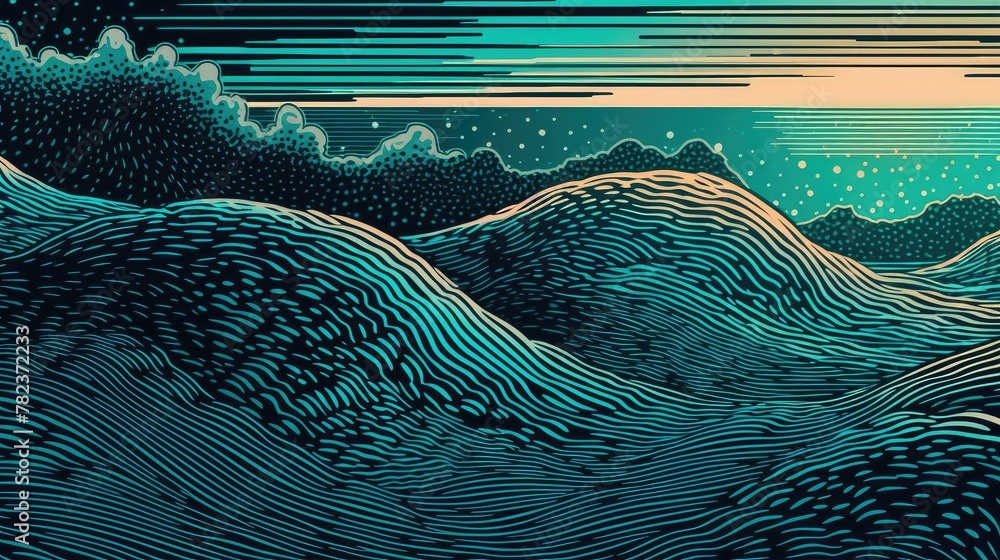 Poster serene ocean waves and gradient portrait generative ai