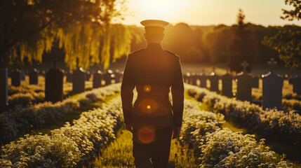 Rear view of a U.S. soldier looking at the sunset and a U.S. national flag. Memorial Day