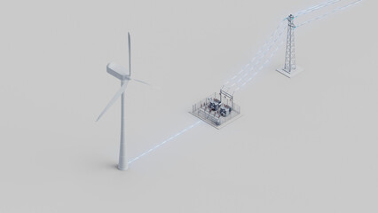The wind turbine connected to the substation and to the power grid. Electricity flows from the turbine to the power grid. Wind energy powers the grid. Isometric view. 