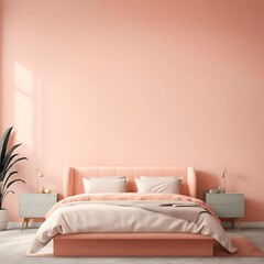  Bedroom in pastel tone peach fuzz color Panton furniture and background. Modern luxury room interior home design. Empty painting wall for art or wallpaper, pictures, art. 3d render 