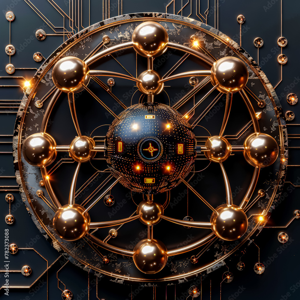 Poster a gold and silver sphere with many small balls surrounding it. the sphere is surrounded by a network