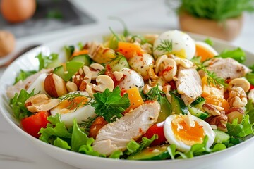 Tasty salad with chicken nuts egg and veggies