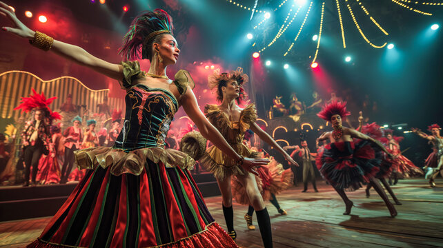 Vibrant Cabaret Performance with Dancers on Stage Under Spotlights