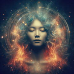 Young Asian woman with closed eyes is in meditation