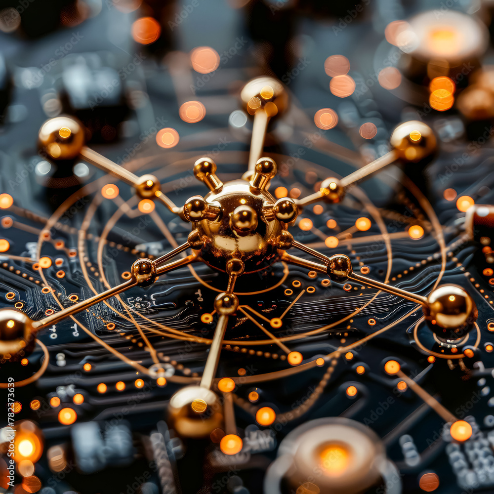 Poster a gold and silver sphere with many small balls surrounding it. the sphere is surrounded by a network
