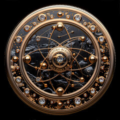 Fototapeta premium A gold and silver sphere with many small balls surrounding it. The sphere is surrounded by a network of wires and the balls are illuminated. Concept of technology and complexity