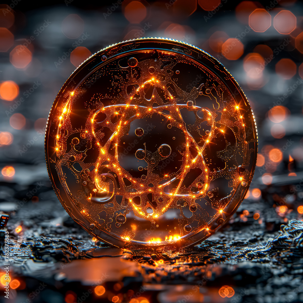Poster a coin with a glowing star on it. the coin is surrounded by a dark background with a lot of light sh