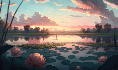 Serene Water Lily Pond Sunset Landscape Generative AI - obrazy, fototapety, plakaty