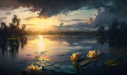Foto op Canvas Serene Pond Sunset with Water Lilies Generative AI © AlexandraRooss