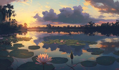 Serene Pond Landscape with Water Lilies at Sunset Generative AI