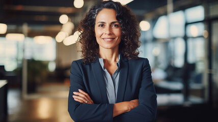 portrait of a smiling businesswoman standing near her arms in the office - obrazy, fototapety, plakaty