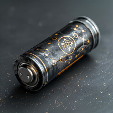 A black and gold battery with a symbol on it. The symbol is a triangle with a cross inside of it