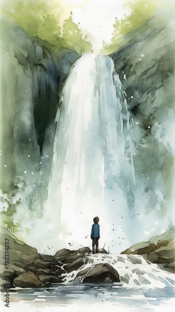 Poster Waterfall Serenity - Mysterious Figure Obscured by Cascading Waters Generative AI