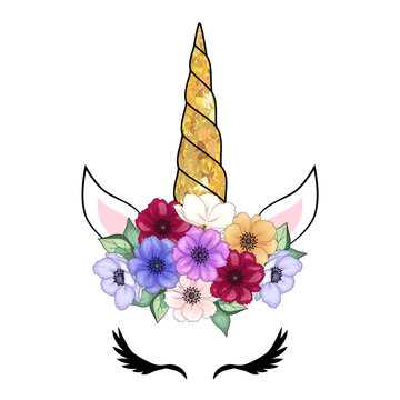 recommend clip art: Cute unicorn with floral anemone wreath and gold glitter horn. Vector hand drawn illustration.