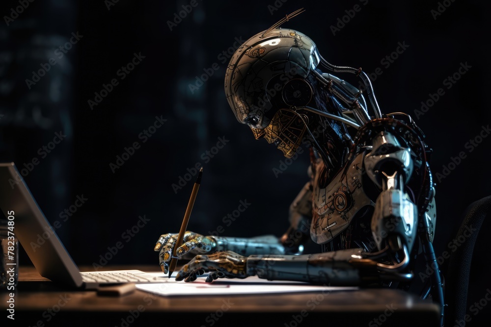 Poster robotic writer crafting on dark background generative ai