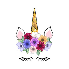 Cute unicorn with floral anemone wreath and gold glitter horn. Vector hand drawn illustration.